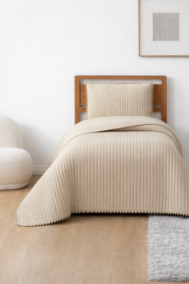 Venedik Elyaf Dolgulu Tek Kişilik 180x240 Cm Yatak Örtüsü Bej - Çeyiz Diyarı