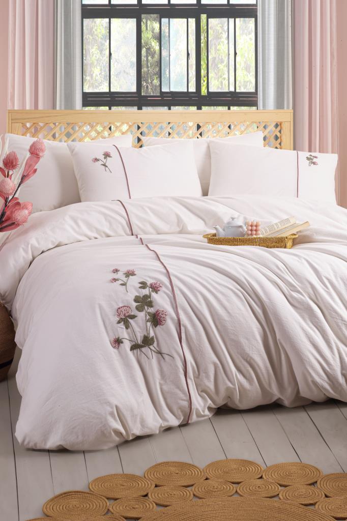 Vera 6 Parça %100 Pamuk Çift Kişilik Nevresim Takımı Pudra - 1