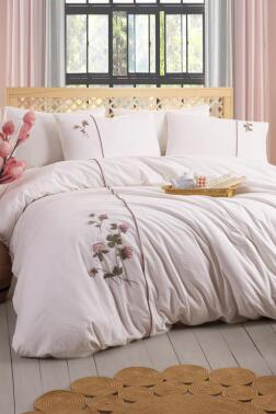 Vera 6 Parça %100 Pamuk Çift Kişilik Nevresim Takımı Pudra - 1