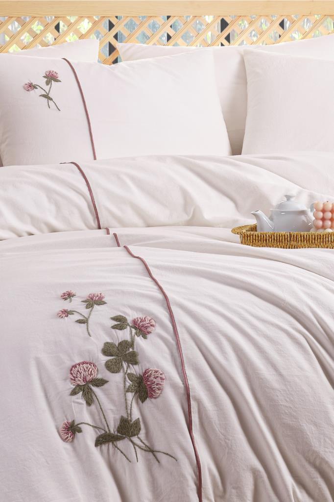 Vera 6 Parça %100 Pamuk Çift Kişilik Nevresim Takımı Pudra - 2