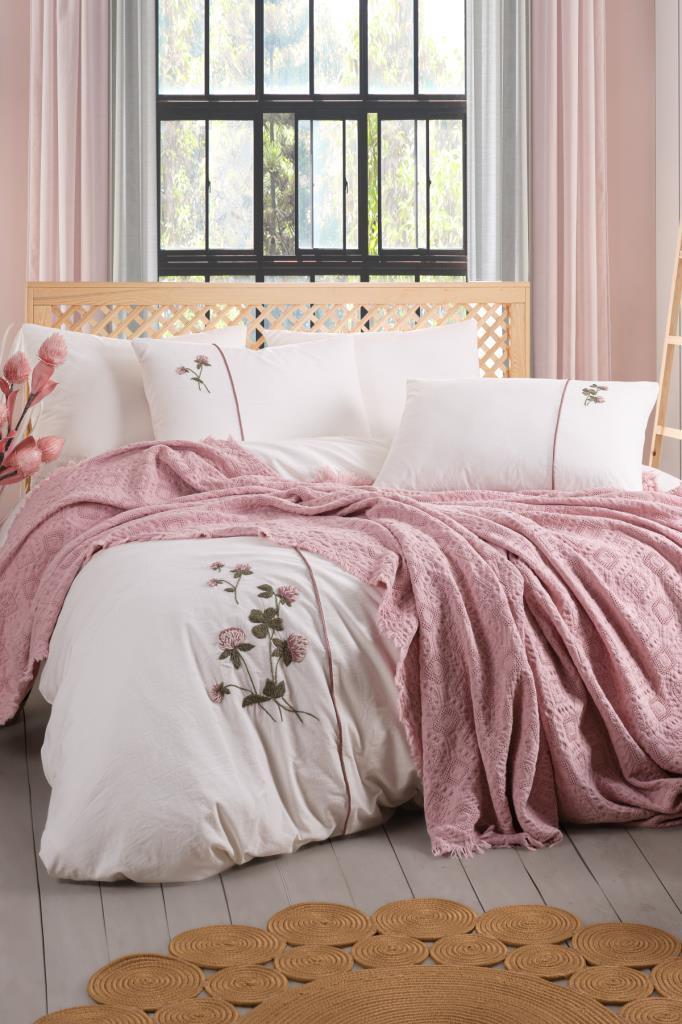 Vera 7 Parça %100 Pamuk Çift Kişilik Pikeli Nevresim Takımı Pudra - 1