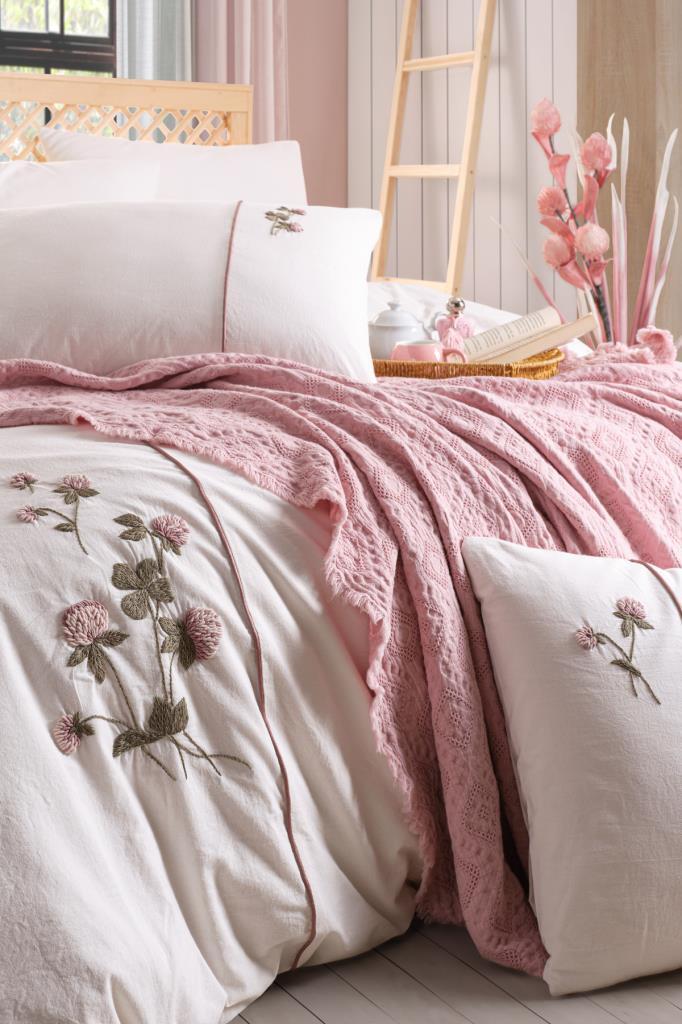 Vera 7 Parça %100 Pamuk Çift Kişilik Pikeli Nevresim Takımı Pudra - 2