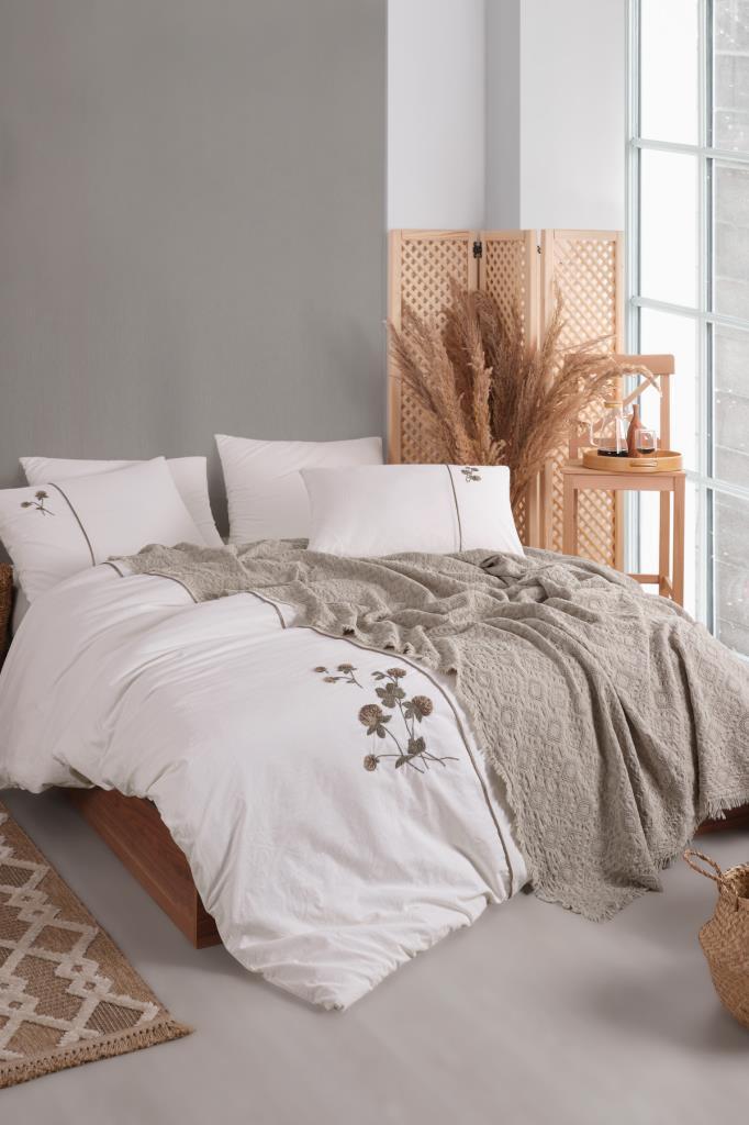 Vera 7 Parça %100 Pamuk Çift Kişilik Pikeli Nevresim Takımı Vizon - 1