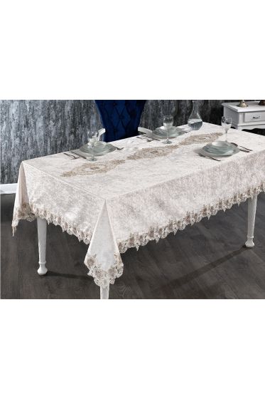 Verda Fransız Güpürlü Kadife Masa Örtüsü Cappucino - Çeyiz Diyarı (1)