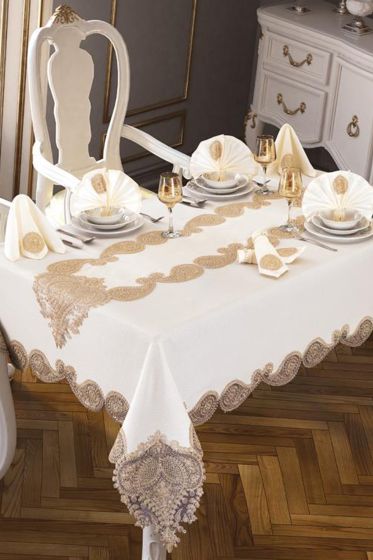 Verna Masa Örtüsü 160x260 Cm 26 Parça Krem Gold - Çeyiz Diyarı