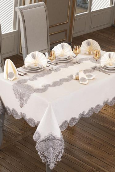 Verna Masa Örtüsü 160x260 Cm 26 Parça Krem Silver - Çeyiz Diyarı