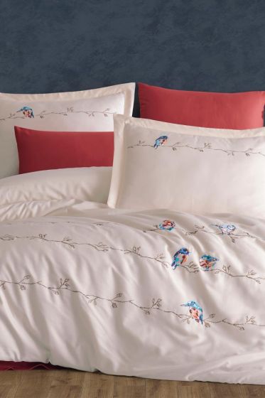 Vogel Nakışlı %100 Pamuk Saten Çift Kişilik Nevresim Takımı Şampanya - Çeyiz Diyarı