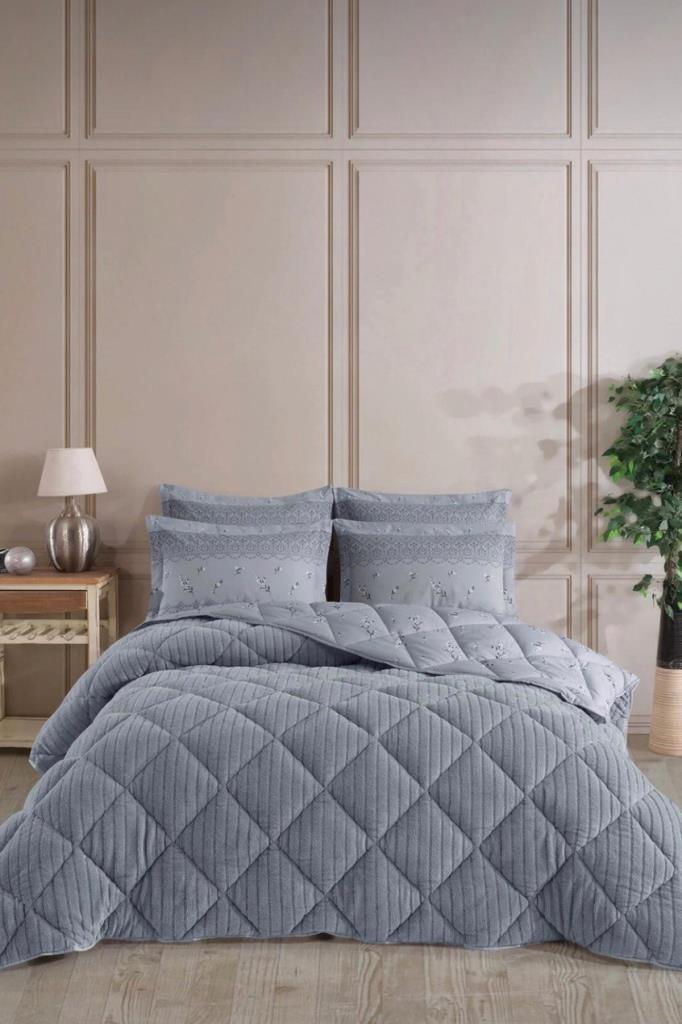 Wellsoft Jakarlı Uyku Seti 4 Parça Çift Kişilik Gri - 1