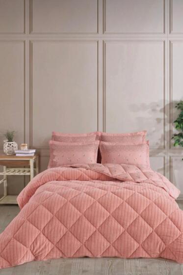 Wellsoft Jakarlı Uyku Seti 4 Parça Çift Kişilik Pudra - Kristal