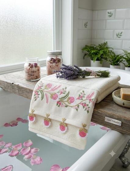 Yaren Nakışlı El Yüz Havlusu 50x90 Cm Lila - Çeyiz Diyarı