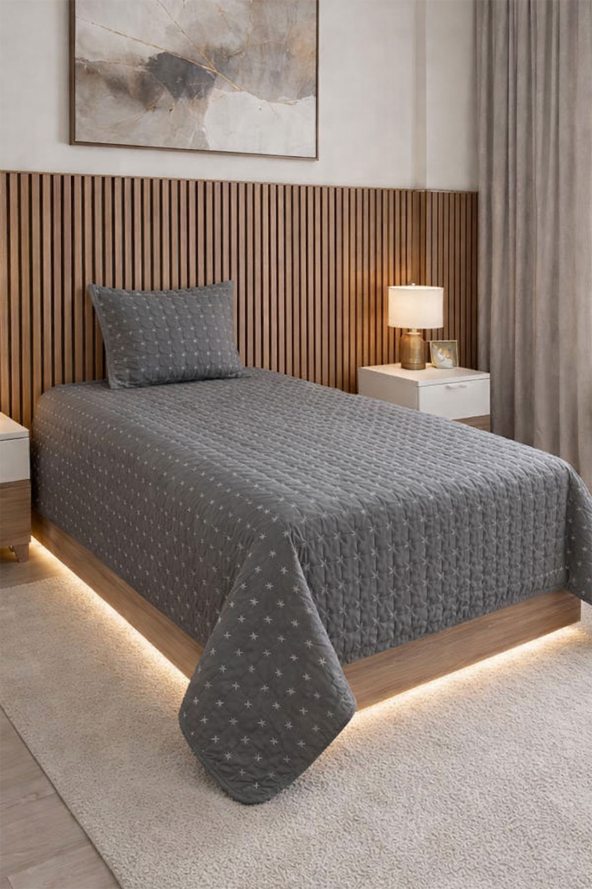 Yıldız Tek Kişilik Kapitoneli Yatak Örtüsü Antrasit - 1