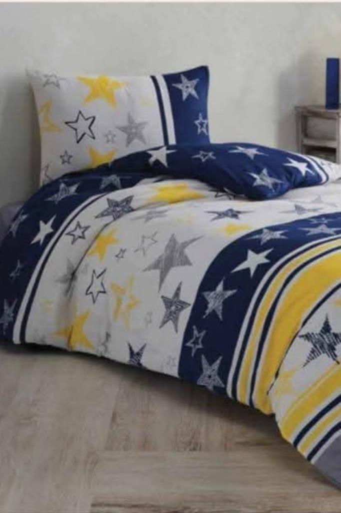 Yıldızlı Sarı Lacivert Tek Kişilik Nevresim Takımı - 1