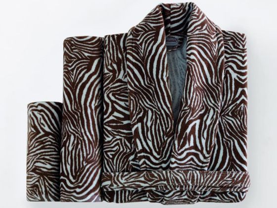 Zebra 3 Parça Kadife Baskılı Bayan Bornoz Takımı Kahve - Çeyiz Diyarı
