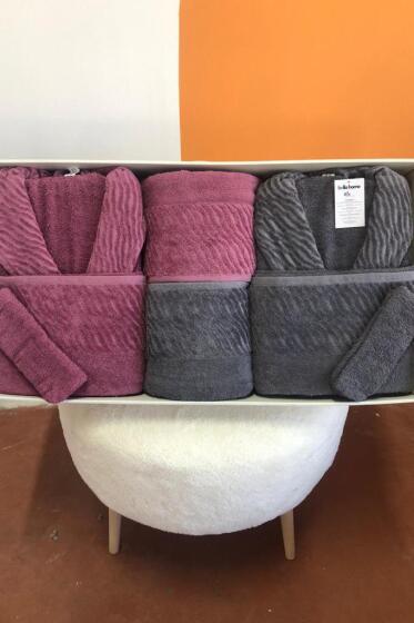 Zebra 8 Parça Aile Bornoz Takımı Mürdüm - Antrasit - Çeyiz Diyarı