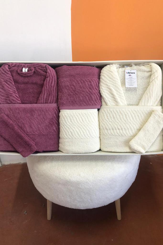 Zebra 8 Parça Aile Bornoz Takımı Mürdüm - Krem - 1