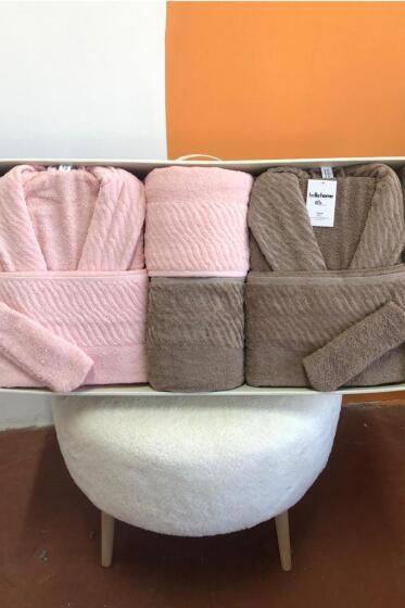 Zebra 8 Parça Aile Bornoz Takımı Pembe - Kahve - Çeyiz Diyarı