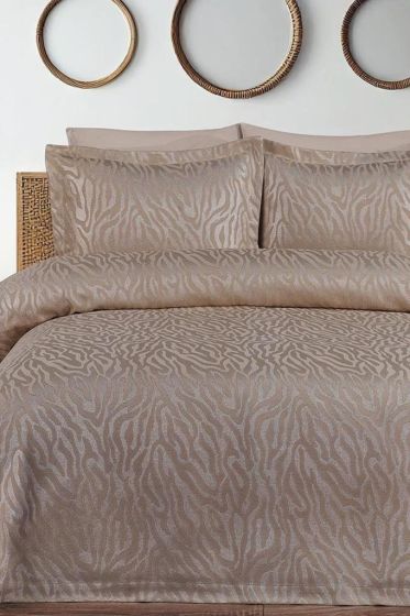 Zebra Jakarlı Çift Kişilik Yatak Örtüsü Bej - Çeyiz Diyarı