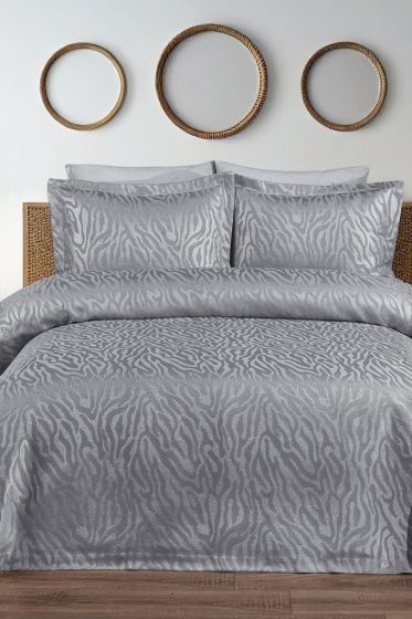 Zebra Jakarlı Çift Kişilik Yatak Örtüsü Gri - Çeyiz Diyarı