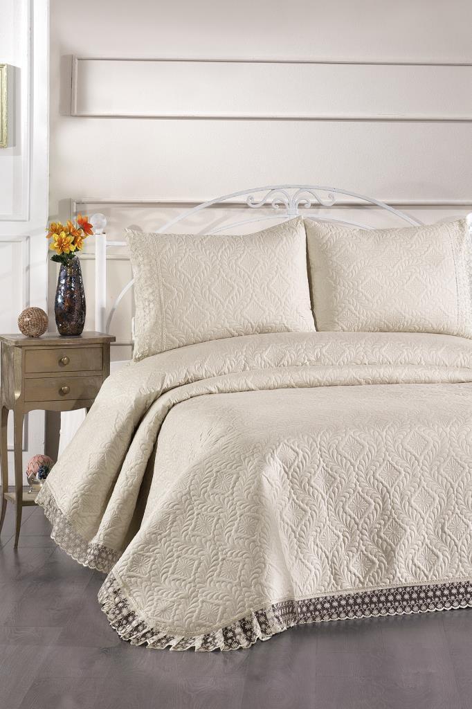 Zoya Dantelli Kapitoneli Ultrasonik Çift Kişilik Yatak Örtüsü Bej - 1