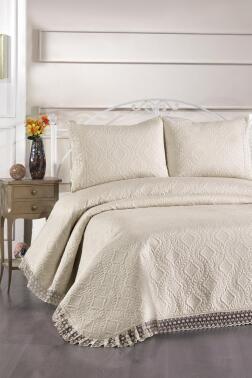 Zoya Dantelli Kapitoneli Ultrasonik Çift Kişilik Yatak Örtüsü Bej - 1