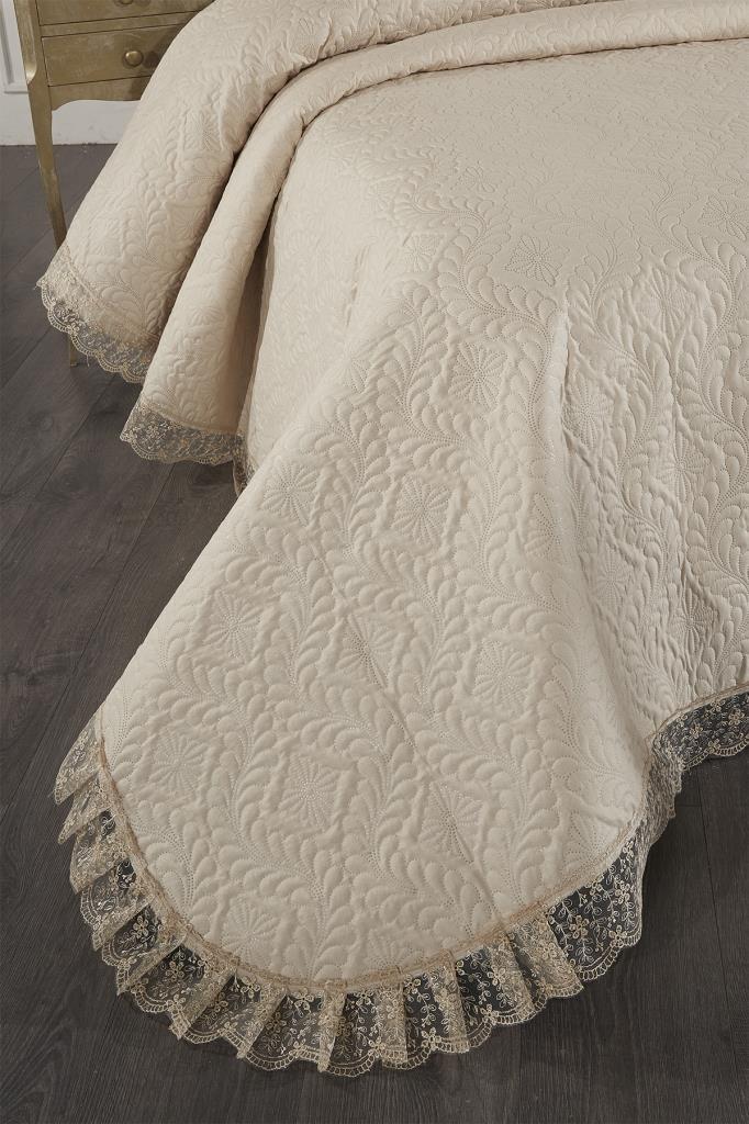 Zoya Dantelli Kapitoneli Ultrasonik Çift Kişilik Yatak Örtüsü Bej - 2