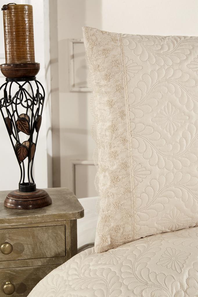 Zoya Dantelli Kapitoneli Ultrasonik Çift Kişilik Yatak Örtüsü Bej - 4