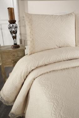 Zoya Dantelli Kapitoneli Ultrasonik Çift Kişilik Yatak Örtüsü Bej - 5