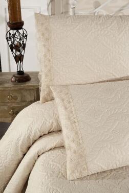 Zoya Dantelli Kapitoneli Ultrasonik Çift Kişilik Yatak Örtüsü Bej - 6