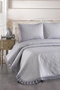Zoya Dantelli Kapitoneli Ultrasonik Çift Kişilik Yatak Örtüsü Gri - 1