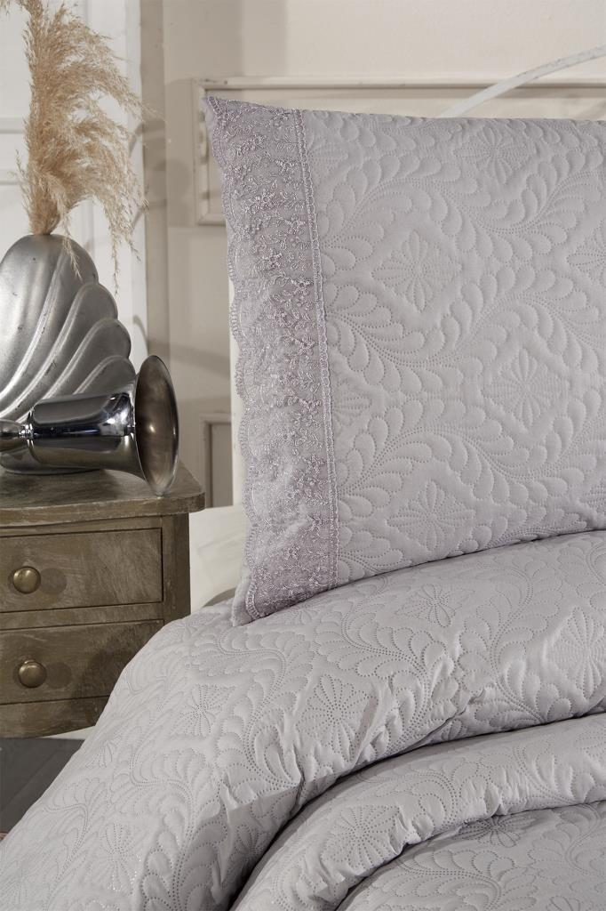 Zoya Dantelli Kapitoneli Ultrasonik Çift Kişilik Yatak Örtüsü Gri - 2