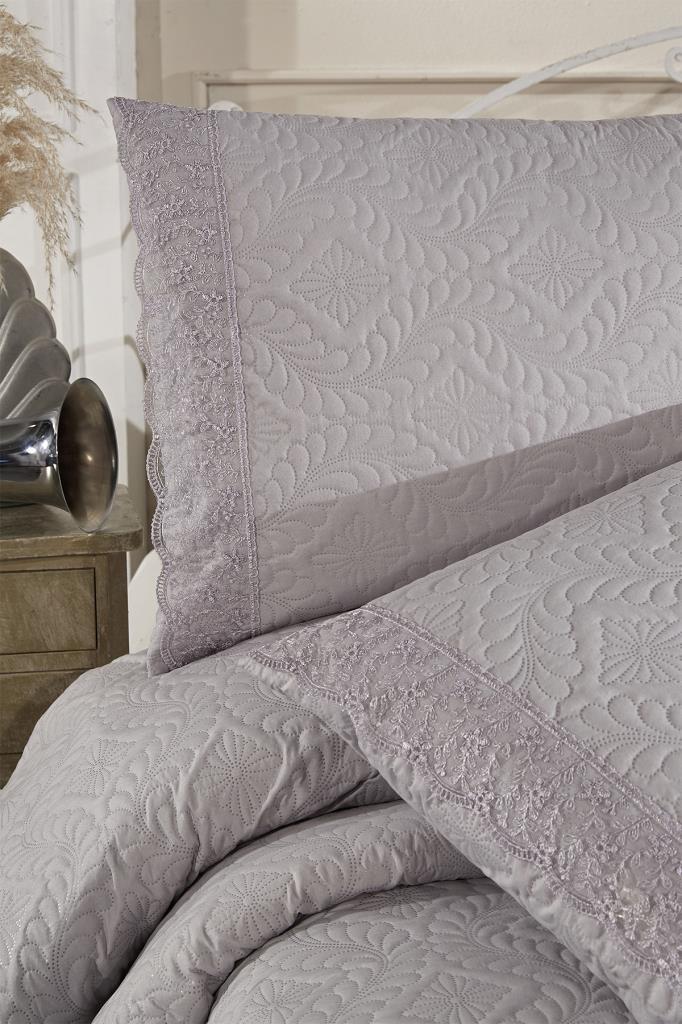 Zoya Dantelli Kapitoneli Ultrasonik Çift Kişilik Yatak Örtüsü Gri - 3