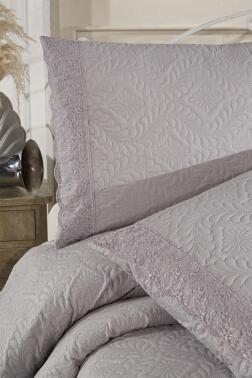 Zoya Dantelli Kapitoneli Ultrasonik Çift Kişilik Yatak Örtüsü Gri - 3