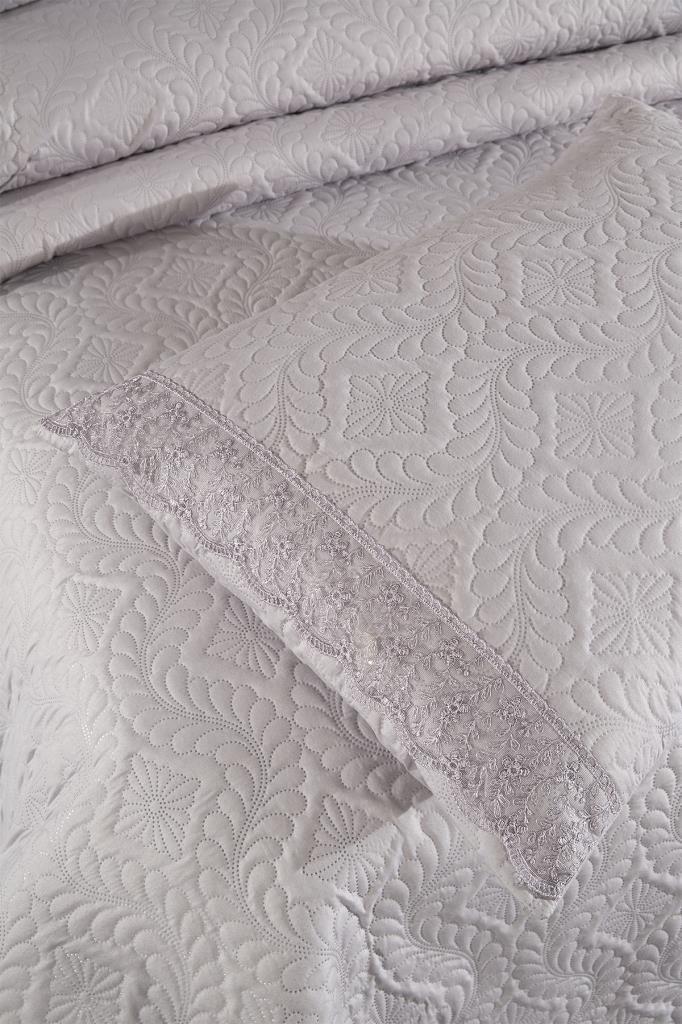 Zoya Dantelli Kapitoneli Ultrasonik Çift Kişilik Yatak Örtüsü Gri - 5