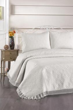 Zoya Dantelli Kapitoneli Ultrasonik Çift Kişilik Yatak Örtüsü Krem - 1