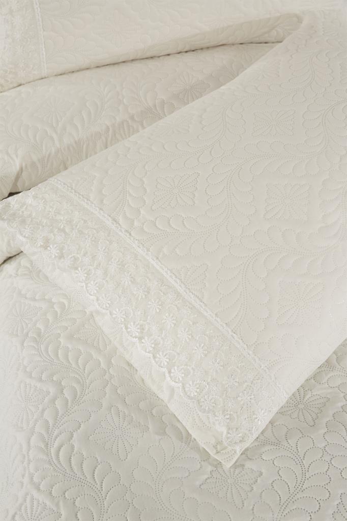 Zoya Dantelli Kapitoneli Ultrasonik Çift Kişilik Yatak Örtüsü Krem - 5