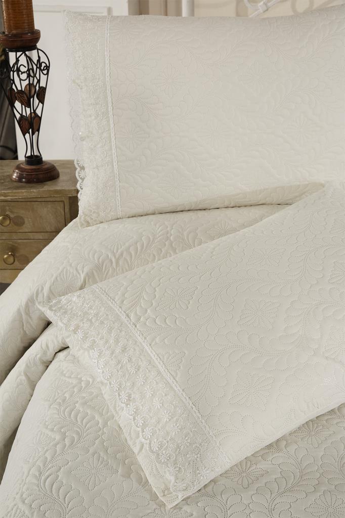 Zoya Dantelli Kapitoneli Ultrasonik Çift Kişilik Yatak Örtüsü Krem - 6
