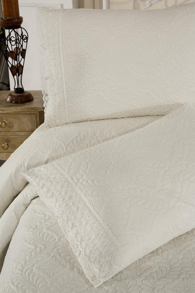 Zoya Dantelli Kapitoneli Ultrasonik Çift Kişilik Yatak Örtüsü Krem - 7