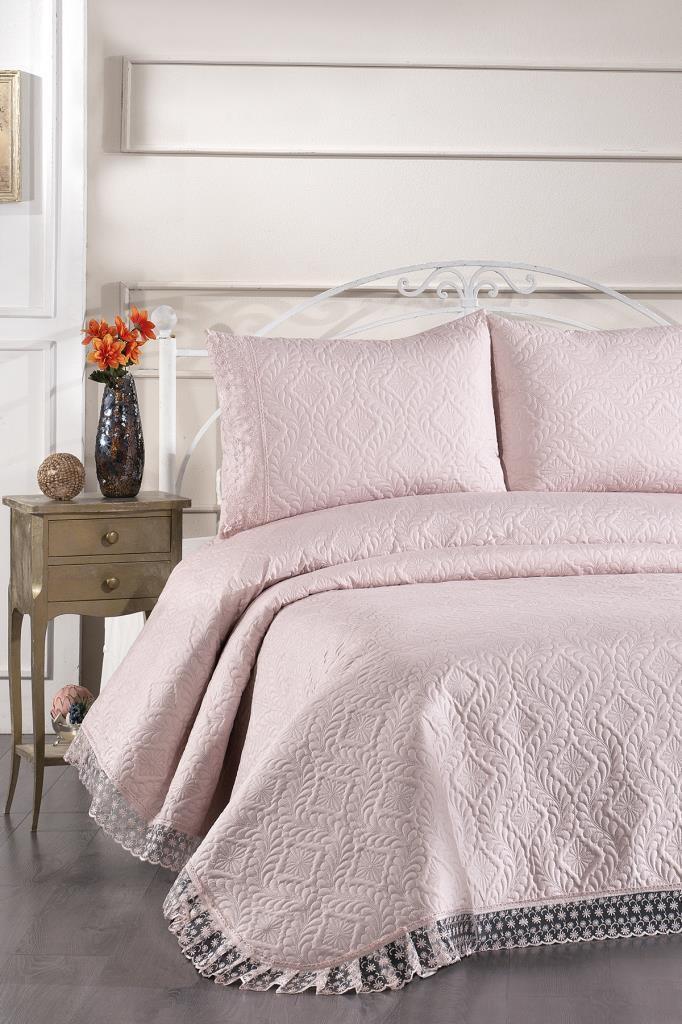 Zoya Dantelli Kapitoneli Ultrasonik Çift Kişilik Yatak Örtüsü Pudra - 1
