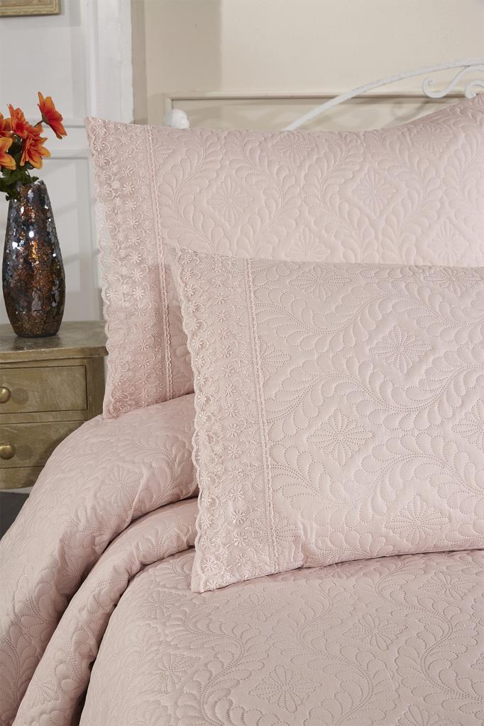 Zoya Dantelli Kapitoneli Ultrasonik Çift Kişilik Yatak Örtüsü Pudra - 8
